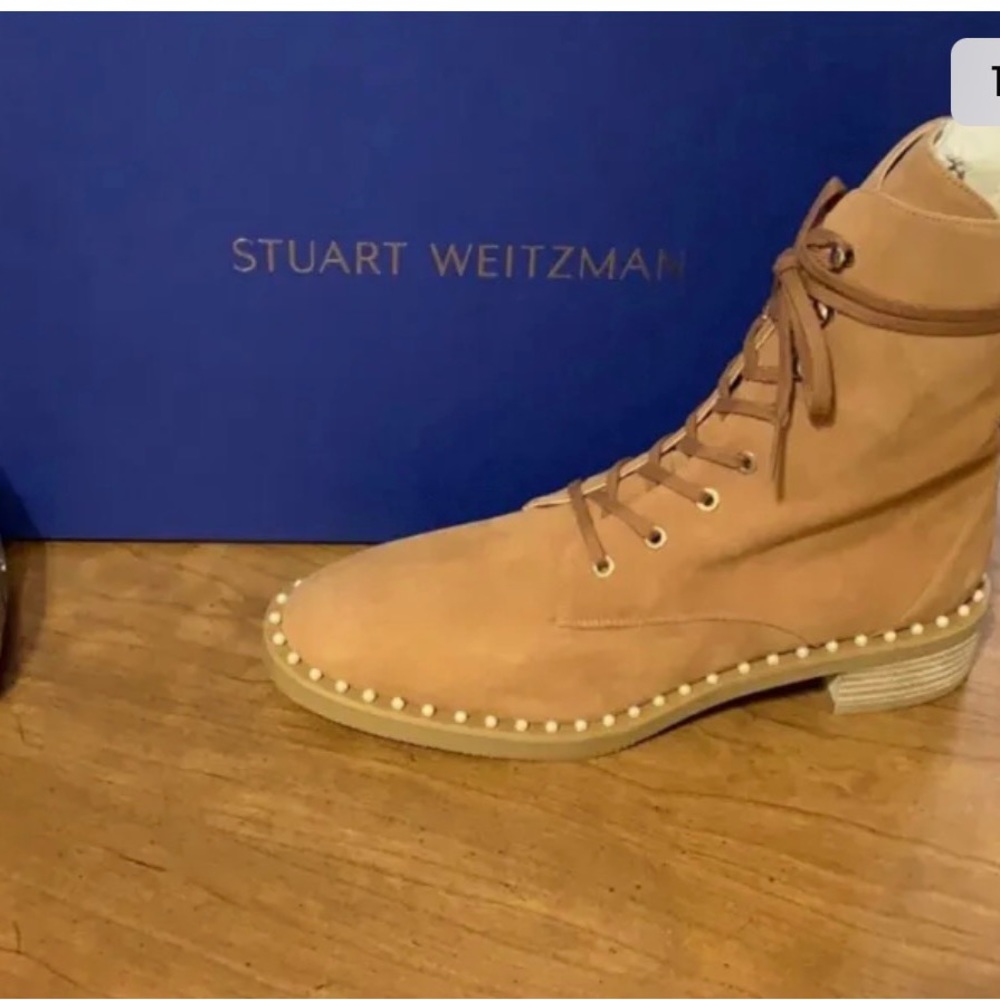 Stuart Weitzman Sondra Suede Pearl Trim Combat Booties